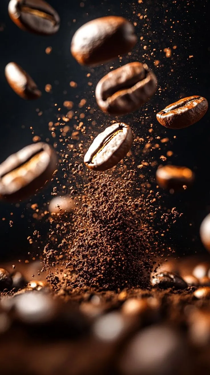 Grains de café torréfiés et mouture en mouvement