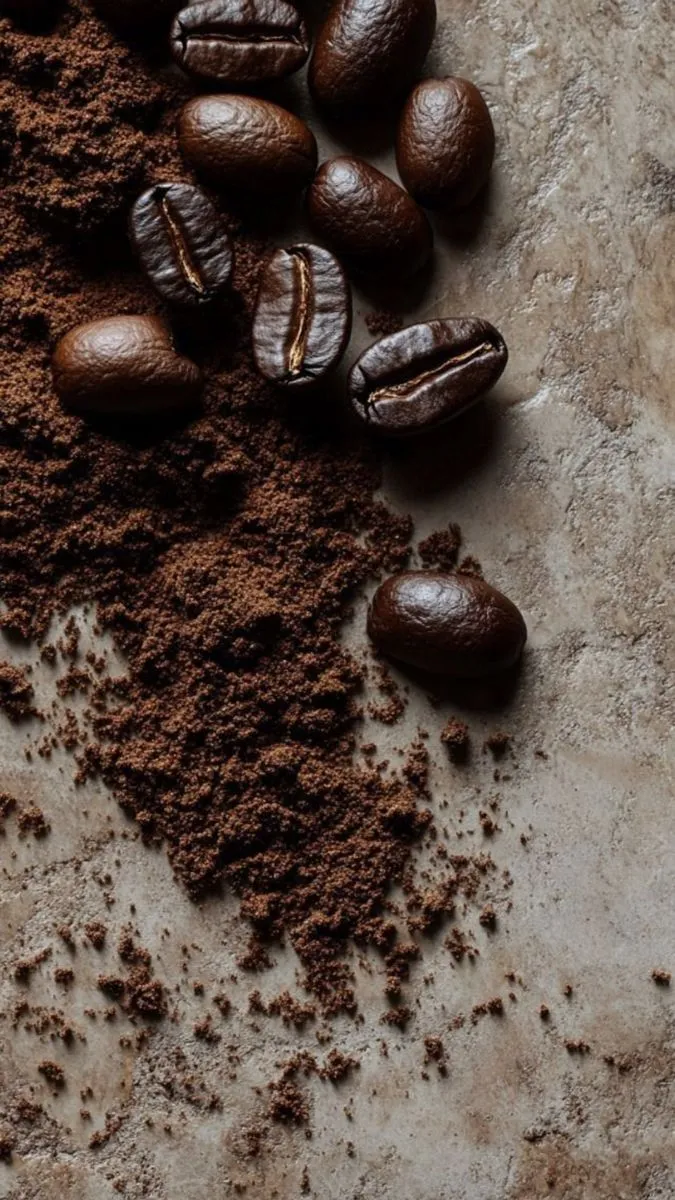 Grains de café et café moulu sur pierre