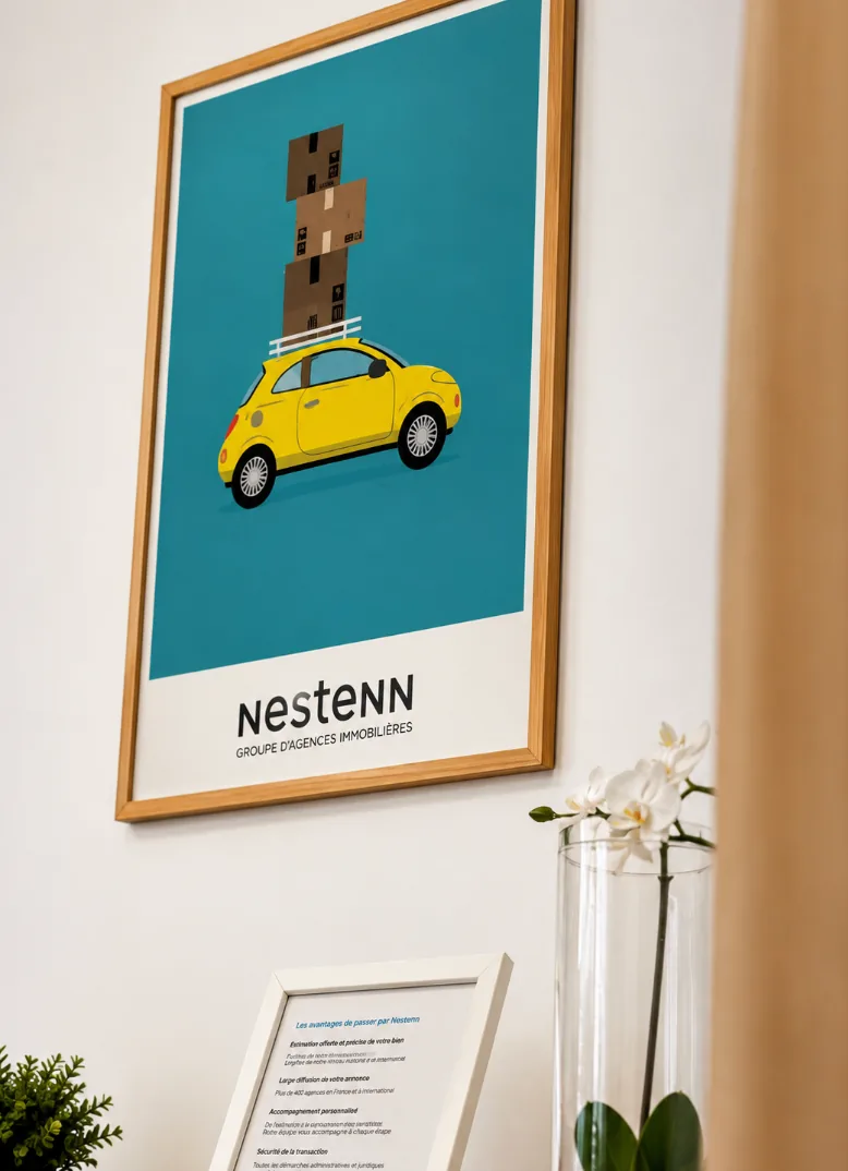 Affiche Nestenn sur le thème du déménagement, dans l'agence