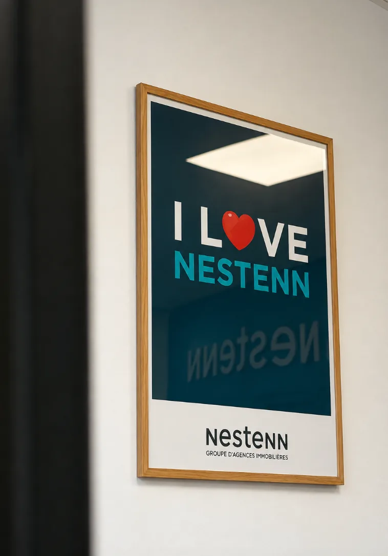 Affiche « I love Nestenn » encadrée dans l'agence de Carnoux